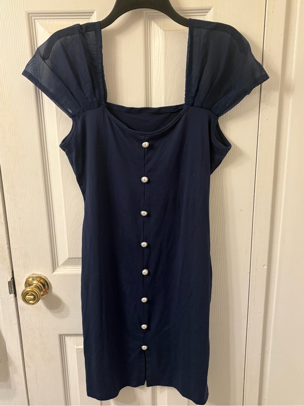 SHEIN Navy Pearl-Button Mini Dress with Sheer Flutter Sleeves